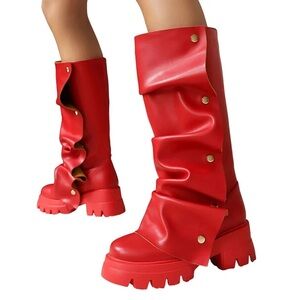Round Toe Platform Chunky Red Punk Rock Removable Mid Calf Boots Sz 9